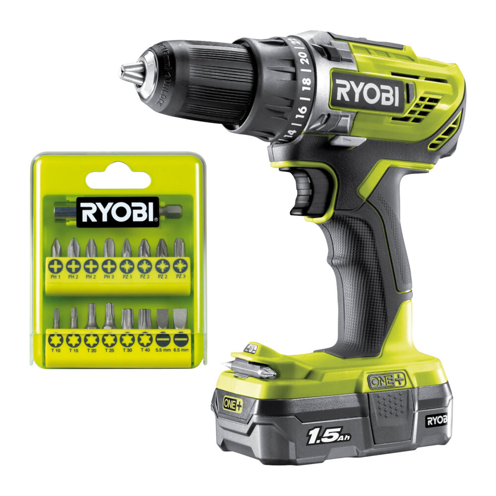 Ryobi R18DD3-115GA17 drill m/batteri og bits