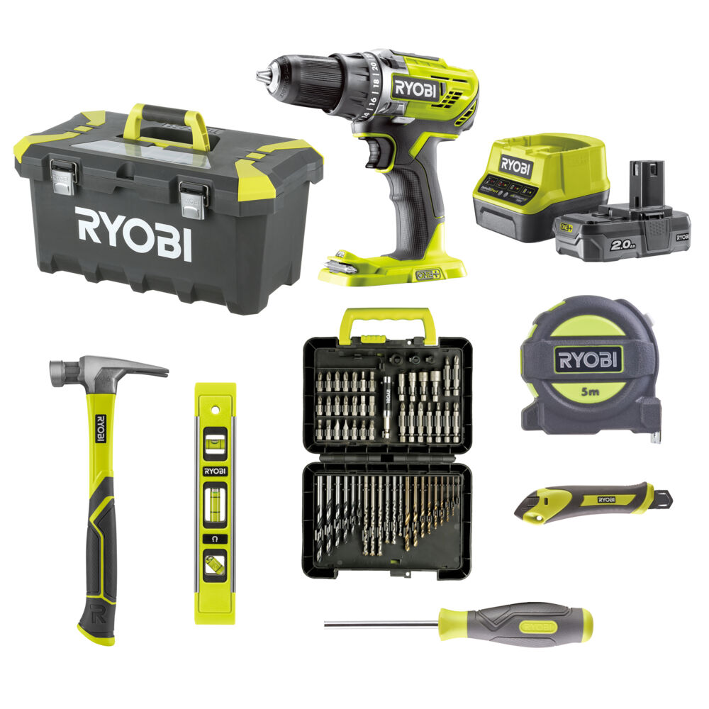 Ryobi R18DD3-120TAH verktøysett 18V drill m/batteri og håndverktøy