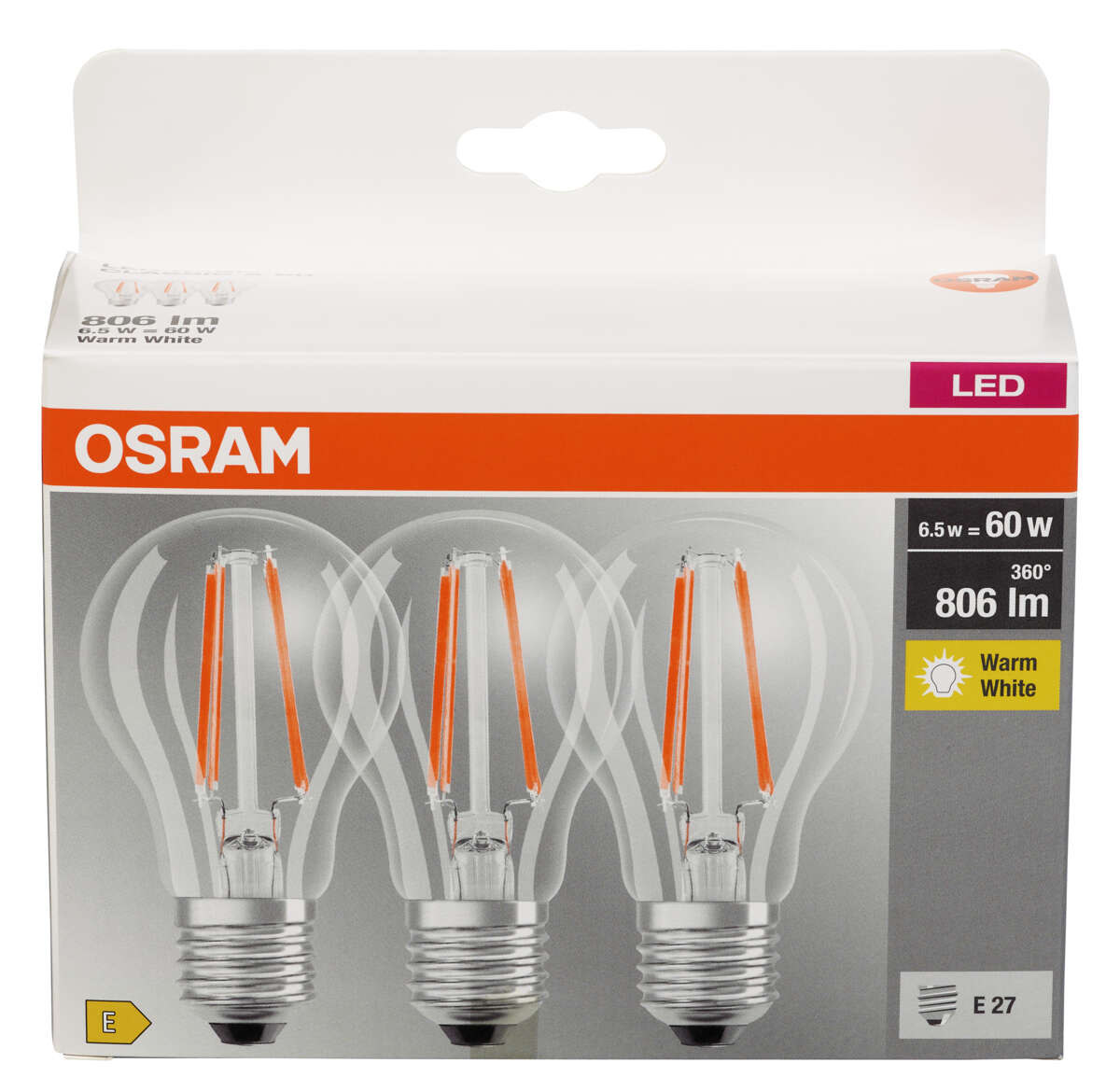 LED-filamentpære E27 7W, varmhvit, sett med 3 stk.