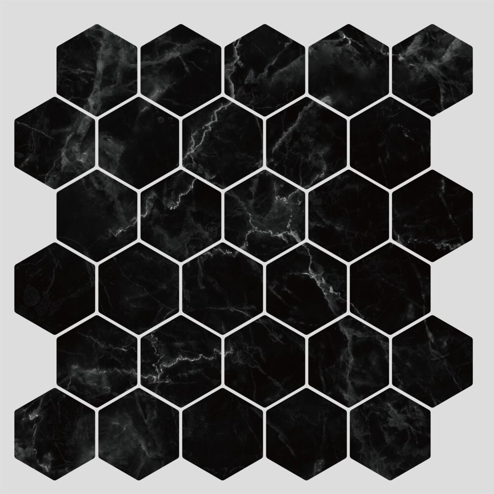 Produkt miniatyrebild Selvklebende flis, svart marmor Hexagon 10 pk.
