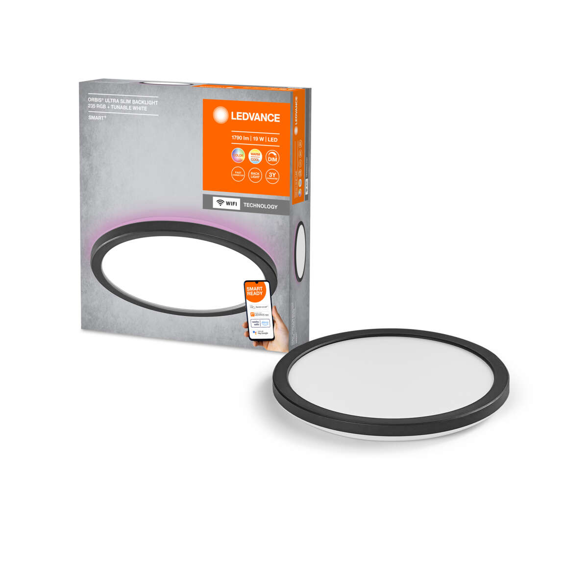 LEDVANCE SMART+ WiFi Orbis ultratynn bakgrunnsbelysning, Ø24cm svart