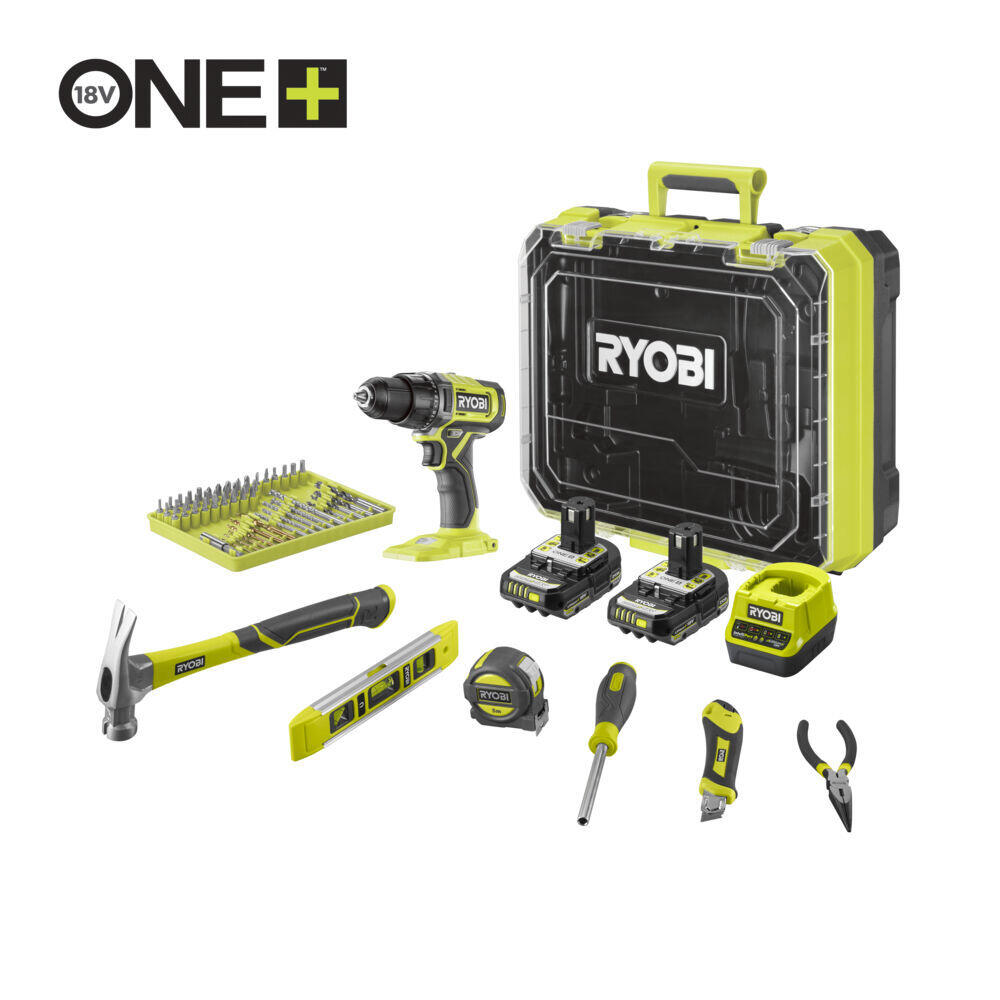 Ryobi ONE+ RDD18-2C20TAH borskrutekker kit Et sett med en batteridrevet bor/skrutrekker med 2 batterier og lader, målebånd, vater, hammer, tapetkniv, tang, 30 bits/bor i en verktøykasse.